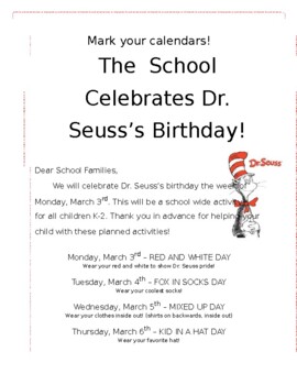 Preview of 2 flyers for Spirit days of Dr. Seuss's week. (editable resource)