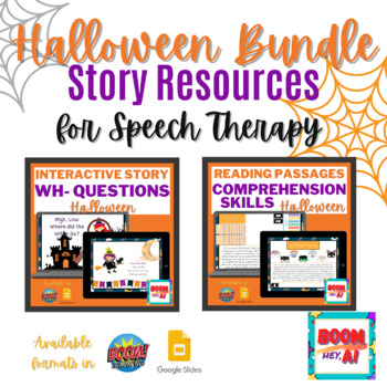 Preview of 2 in 1 Halloween BOOM CARDS GOOGLE SLIDES Story Comprehension Speech Therapy