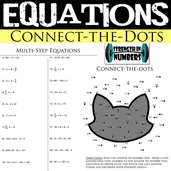 Preview of 2, multi-step Equations Halloween Connect the Dots Cat Interactive Notebook
