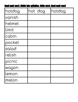 Preview of 2-syllable words. Syllable division. NO FRILLS. NO CLIPART. JUST SKILLS.