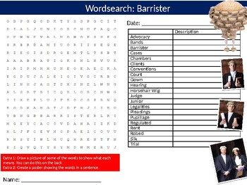 Preview of 2 x Barrister Wordsearch Puzzle Sheet Keywords Law Career Legal Studies
