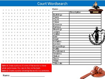 2 x Court Wordsearch Sheet Starter Activity Keywords Law Justice System