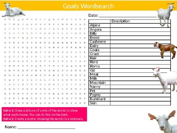 2 x Goats Wordsearch Sheet Starter Activity Keywords Animals Farming