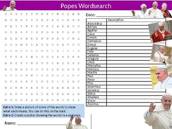 2 x Popes Wordsearch Sheet Starter Activity Keywords Catholic Religion