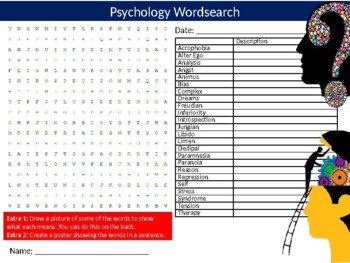 Preview of 2 x Psychology Wordsearch Sheet Starter Activity Keywords Mind Brain