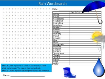 2 x Rain Wordsearch Puzzle Sheet Keywords Homework Geography Weather