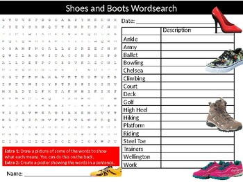2 x Shoes & Boots Wordsearch Sheet Starter Activity Keywords Textiles ...