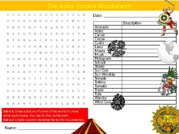 Preview of 2 x The Aztec Empire Wordsearch Sheet Starter Activity Keywords Cover History