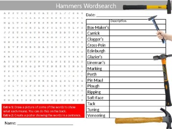 2 x Types of Hammers Wordsearch Starter Activity Keywords Woodwork Wood