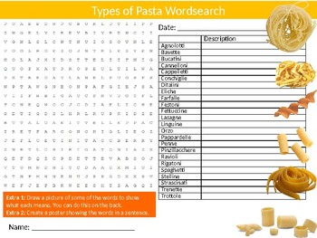 2 x Types of Pasta Wordsearch Puzzle Sheet Keywords Homework Food Nutrition