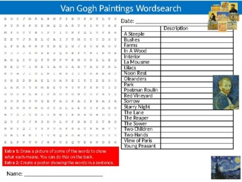 2 x Van Gogh Wordsearch Puzzle Sheet Starter Keywords Vincent Famous Artist