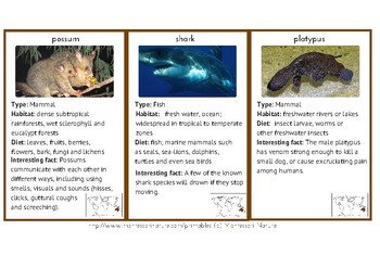 20 ANIMALS OF AUSTRALIA / OCEANIA 3 - PART MONTESSORI CARDS