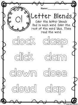 20 blends color worksheets kindergarten 2nd grade ela by