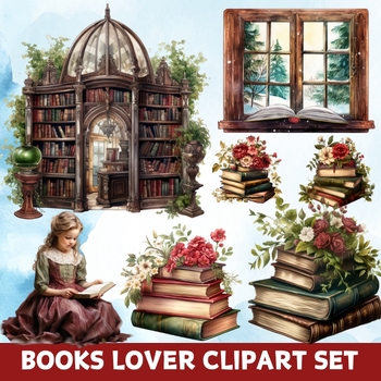 Watercolor vintage books clipart, Library clipart, books