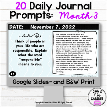 Preview of 20 Daily Journal Prompts Month 3 GOOGLE SLIDES & PRINT VERSIONS | Grades 4-6