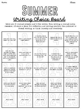 20 ELA Daily Summer Journal Writing Prompts: Student Workbook & Choice ...