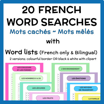 Preview of 20 FRENCH WORD SEARCHES + VOCABULARY WORD LISTS | Mots cachés | Mots mêlés