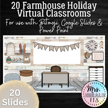 Preview of 20 Farmhouse Holiday Virtual Classroom Backgrounds Theme Bitmoji™ Google Slides™