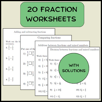Preview of 20 Fraction worksheets (with solutions)