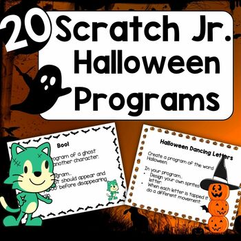 Preview of 20 Halloween Scratch Jr. Coding Task Cards - Programming for Grade 2-6