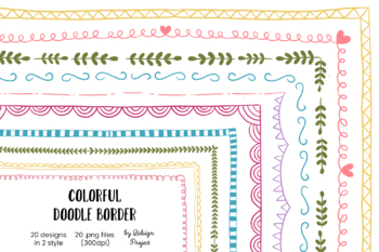 20 Hand drawn Colorful Doodle Border, decorative elements by qidsignproject