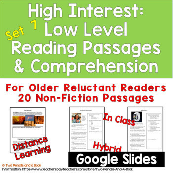 Preview of 20 High Low Readings for Grades 5-12 Reading Levels 1-2: Set 7: Google Slides