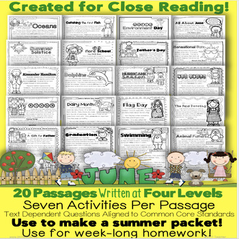 Preview of 20 June Summer Review Theme Close Reading LEVELED PASSAGES Google Slides™ & PDF