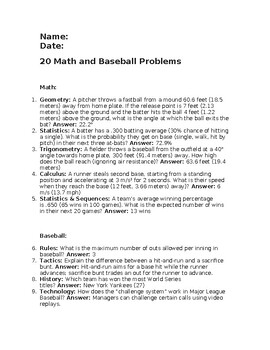 Preview of 20 Math and Baseball Problems