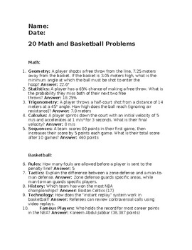 Preview of 20 Math and Basketball Problems