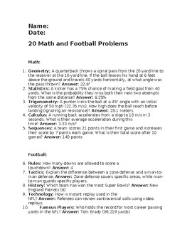 Preview of 20 Math and Football Problems