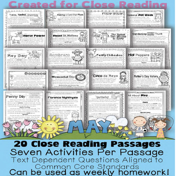 Preview of 20 May Themes Memorial Day & More Close Reading Passages Multiple Choice T or F