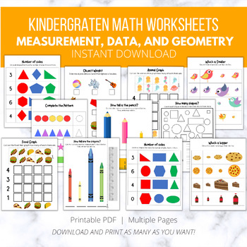 Preview of 20+ Kindergarten Math Common Core Worksheets, Measurement, Data, and Shapes