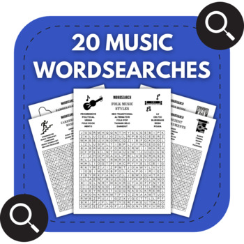 Preview of 20 Music Wordsearches | Music Time-Filler | Middle School Music Morning Work