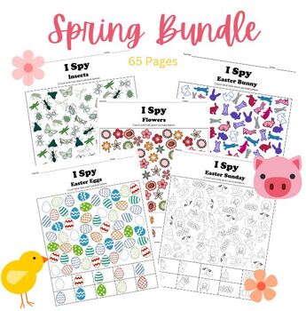 Preview of 65 Pages Spring & Easter I Spy BUNDLE | Count and Color | Math and Graphing