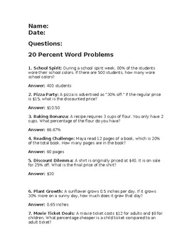 Preview of 20 Percent Word Problems