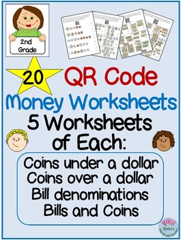 Preview of 20 QR Code Money Worksheets - Coins - Bills-  Bills and Coins - No Prep
