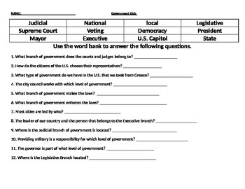 Preview of 20 Question Government Test/Quiz