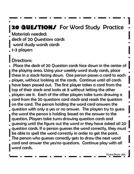 20 Questions for Word Study Practice by curriculumgal