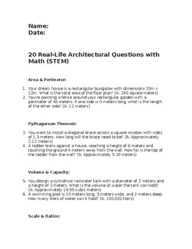 Preview of 20 Real-Life Architectural Questions with Math (STEM)