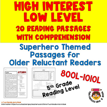 Preview of 20 SUPERHERO Hi Low Reading Comprehension Passages - 5th Grade Reading Level