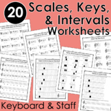 20 Worksheets - Major Scale, Minor Scales, Keys, Intervals, Half & Whole steps