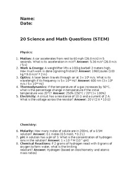 Preview of 20 Science and Math Questions (STEM)