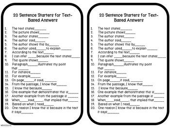 20 Sentence Starters for Text-Based Answers by Essentially Elementary