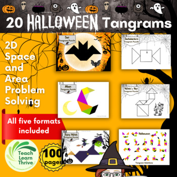 Preview of 20 Spooky Halloween Tangram Puzzles & Solutions Full Color and B&W