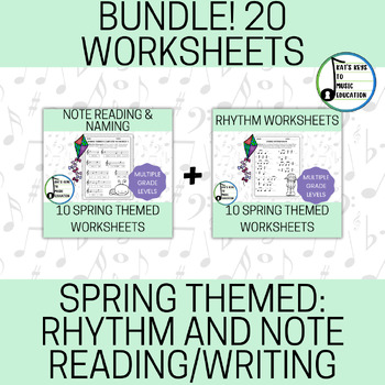 Preview of 20 Spring Music Worksheets - Multi Grade Level - Rhythm and Note Reading