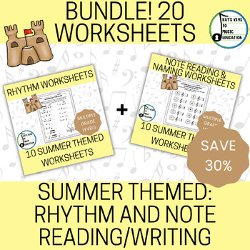 Preview of 20 Summer Themed Music Worksheets - Multiple Grade Level Bundle