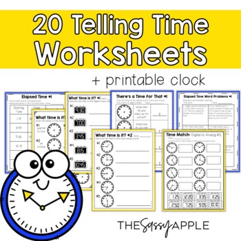 20 telling time worksheet printable clock no prep analog digital elapsed time