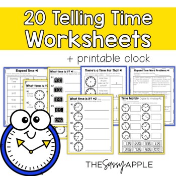 Preview of 20 Telling Time Worksheet + Printable Clock No Prep Analog Digital Elapsed Time