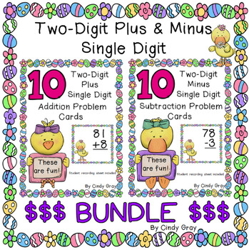 Preview of 20 Two-Digit Plus/Minus Single Digit Problem Cards ~Easter BUNDLE