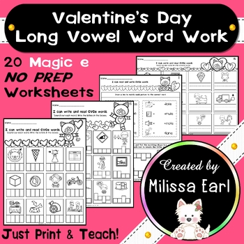 Preview of Valentine's Day Long Vowels Magic e Science of Reading Phonics Worksheets